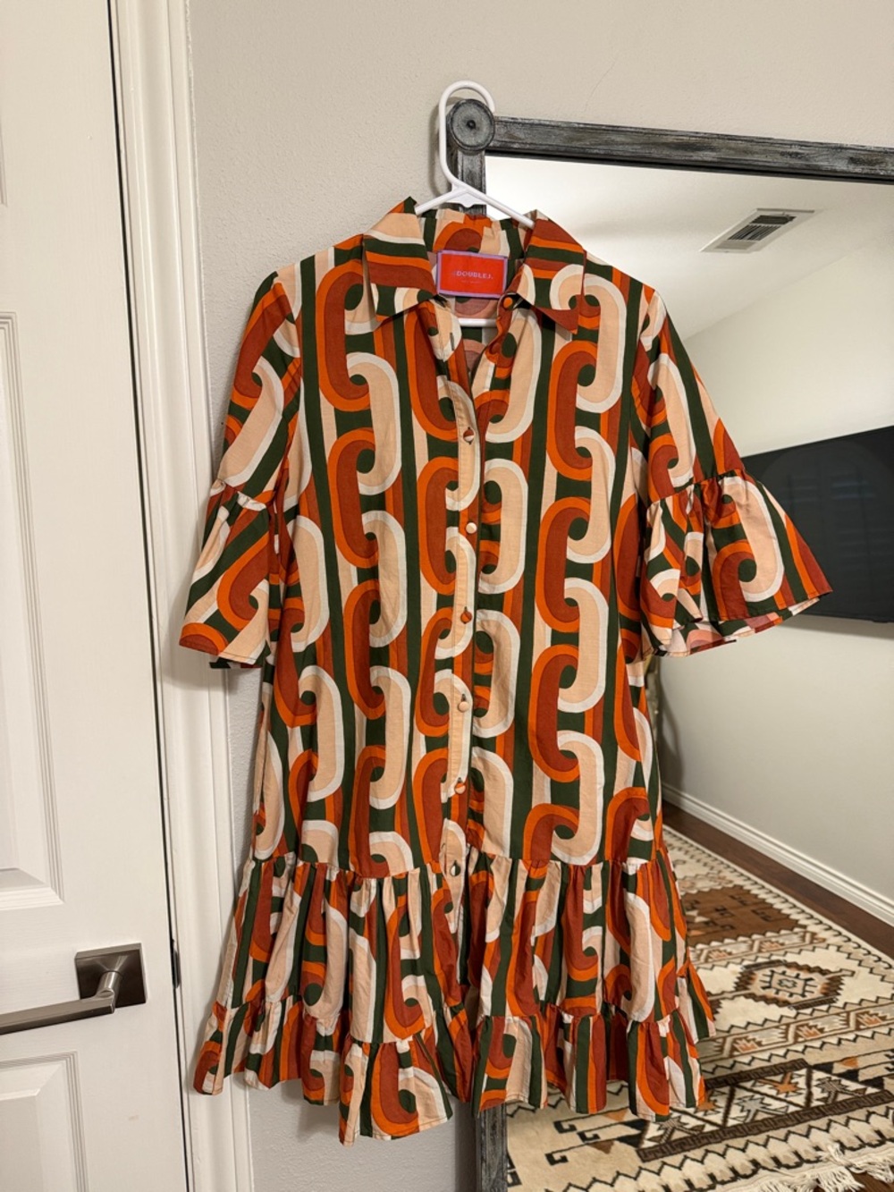 LA Double J Colorful Geo-Print Button-Front Shirt Dress - Orange/Green
